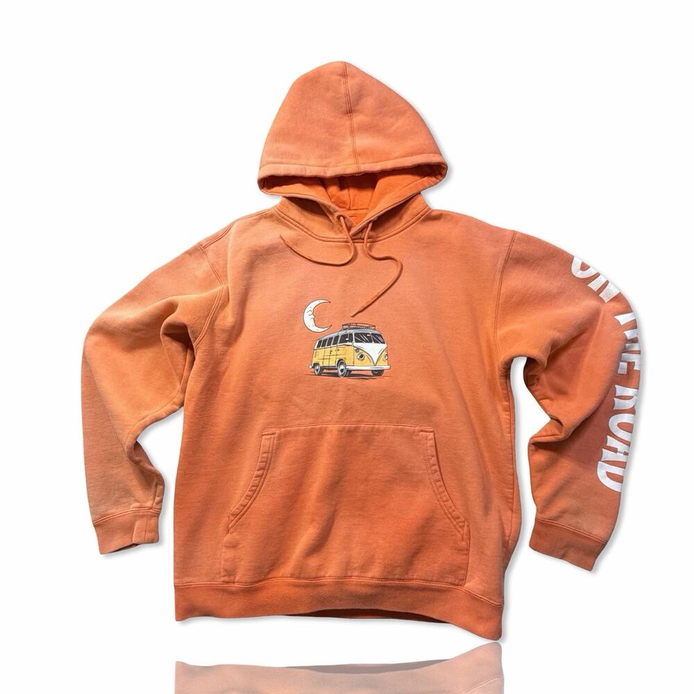 Vintage Off The Road VW Bus Hoodie Faded Orange Graphic Pullover Size M/L